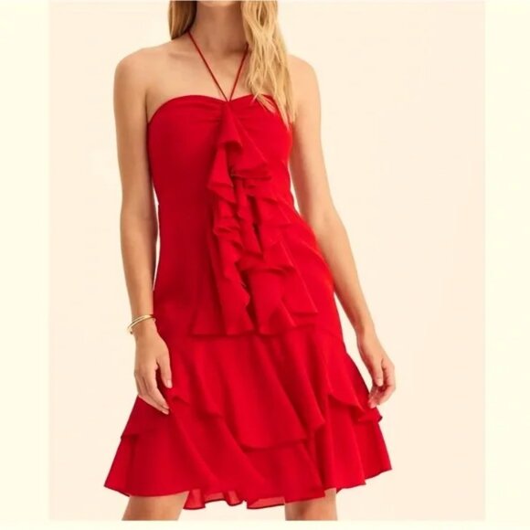 NWT EXPRESS WOMEN'S RUFFLE STRAPPY COCKTAIL HOLIDAY CHRISTMAS HALTER RED DRESS 0 - Picture 1 of 5